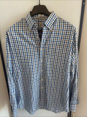 Peter Millar Men's Blue and White Plaid Button-Down Shirt